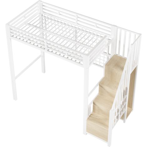 Lit mezzanine, 90 x 200cm, cadre en fer, armoire, échelle de rangement, grille pour suspendre des objets, espace ouvert sous le lit, lumières LED 7 couleurs, sans matelas, blanc (1/5)