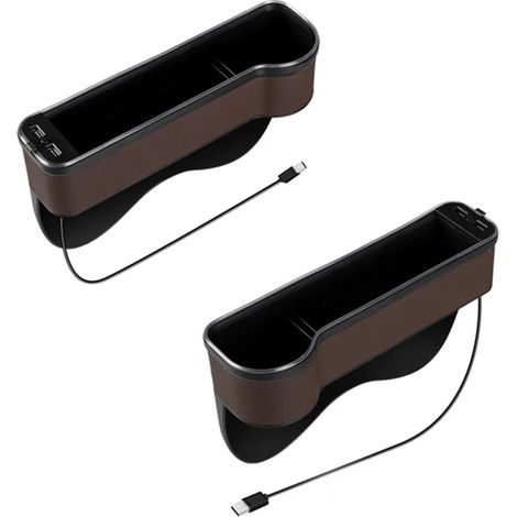 (Marron, 1 lot) Organisateur de voiture avec LED colorées, combleur d'espace pour siège auto, double port USB de charge, boîte de rangement en PU avec porte-gobelet.