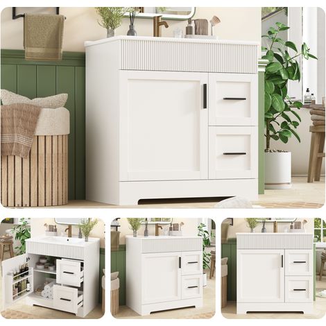 Meuble de Salle de Bain avec Vasque Céramique MDF Blanc Double Tiroir et Étagère 81,5 x 47 x 85,5 cm -PANGIVO (1/5)