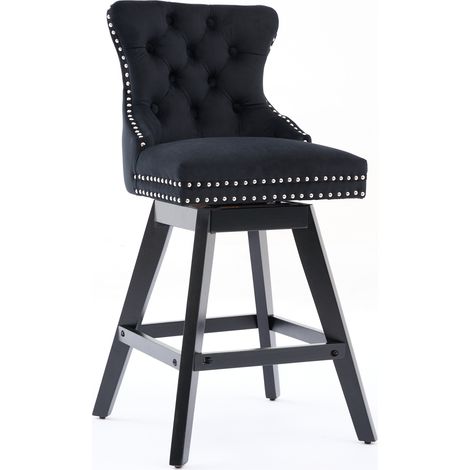 Tabourets de bar pivotants en velours avec capitonnage à boutons, pieds en bois et finition cloutée chromée, style loisirs, lot de 2 (Noir),DE1860BK (1/5)