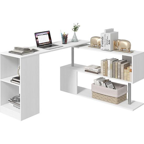 Scrivania Moderna, Angolare e Girevole con Libreria, Tavolo da Pranzo in Truciolato Bianco, 140x120x78 cm (1/5)