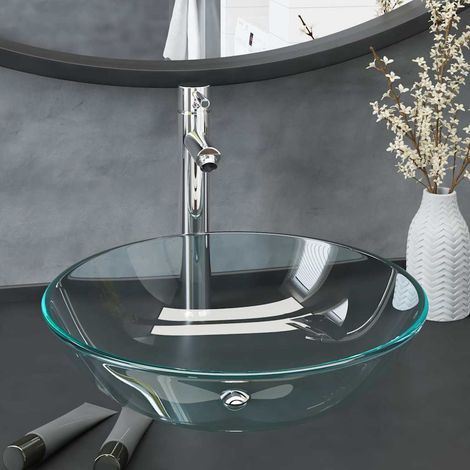 Vasque à poser Lavabo à poser pour salle de bain - avec robinet et drain à poussoir Verre trempé BV432553 - BonneVie (1/5)