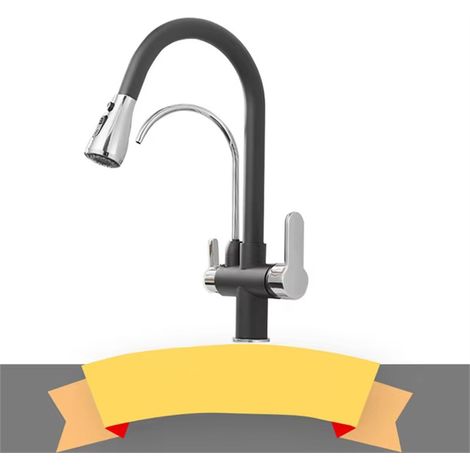 Mitigeur à deux poignées sur plage,avec filtration d'eau pour évier de cuisine,bec pivotant,adapté aux buanderies et bars(Noir et Argent) (1/5)