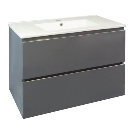 ONDEE ZEN - Meuble salle de bain à suspendre TRENDY - 80cm -2 tiroirs - Gris - Plan Blan (1/4)