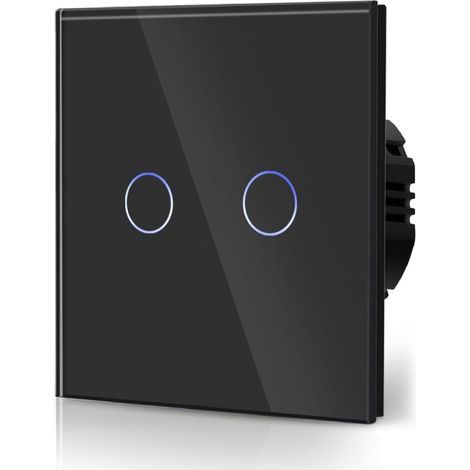 Standard Touch Switch, Wall Light Switch, Compatible with LED Light, Glass Touch Screen, 110V-240V, Tempered Crystal Plate with Backlight, 2 Gang, 2 Way Button, Black (1/5)