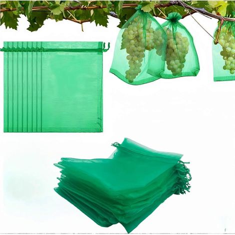 Lot de 50 sacs de protection pour fruits, sacs en filet de 30 x 40 cm (12 x 16 pouces), avec cordon de serrage, pour le jardin, et protection contre les oiseaux et les insectes. (1/3)