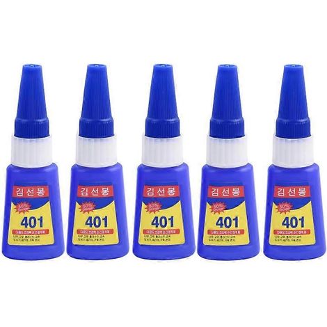 Lot de 5 tubes de colle 401Glue, adhésif instantané ultra-fort, super colle multi-usages, colle liquide incolore ultra-résistante pour bois et plastique. (1/4)
