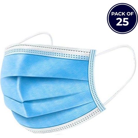 Dapetz ® Disposable Face Masks 3 Ply Triple Layer Dustproof Mouth Nose Cover Breathable Fluid Resistant Comfortable Elastic Ear Loops Men Women One Size Fits All Blue 25PCS (1/5)