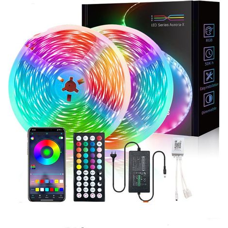 Ruban LED 20M, 5050 - Carte nue - 30 LED - 44 touches - Musique infrarouge + Bluetooth + marqueur (20 m) [10 m x 2 rouleaux], Mode Minuterie, pour Chambre, Salle de Jeux, Fête, Festival (1/5)
