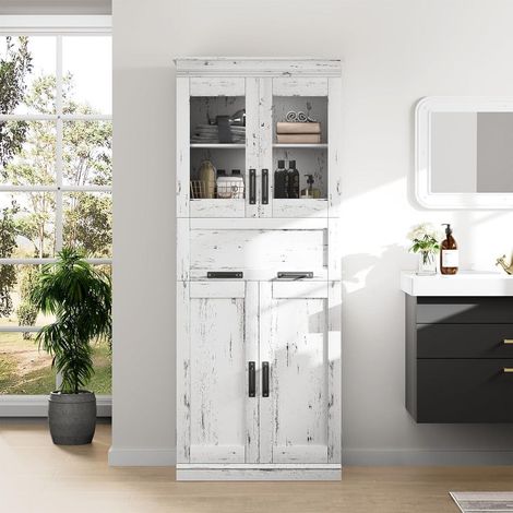 Colonne de rangement cuisine/salle de bain 170cm 2 portes bois 2 portes verre blanc (1/5)