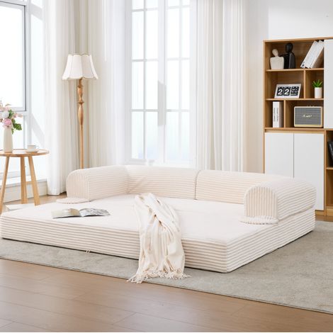 Schlafsofa 2-Sitzer in Beige aus Cordstoff, umwandelbar zum Gästebett, platzsparendes Bodensofa, 190x78x65 cm (1/5)