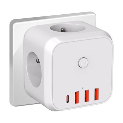 Multiprise Cube Murale, 7 en 1 Chargeur USB Prise avec 3 Sortie AC, 4000W Multiprise électrique avec Interrupteur, Idéal pour Salon Bureau Chambre (1/5)