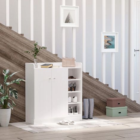 Scarpiera, mobiletto porta scarpe, cassettiera con 2 ante e 4 scomparti per ingresso, colore bianco, 83x30x90 cm, salvaspazio e moderno. (1/5)