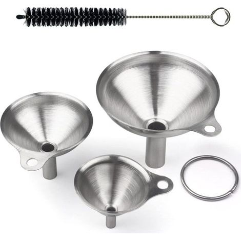 Größen Kleiner Edelstahltrichter Mini-Küchentrichter mit Griff Metalltrichter-Set mit Bürste zum Umfüllen von Flüssigkeiten, Pulver und Öl (5,7/7/9 cm) (1/5)