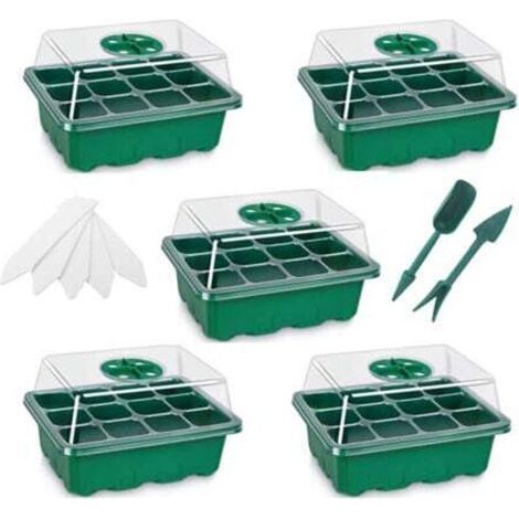 [JAMAIS UTILISÉ] 5 Pack Bac à Semis Vert Mini Plateau Semence Serre Potager pour Semis 12 Trous avec Outils de Plantation et Étiquettes de Plantes (1/4)