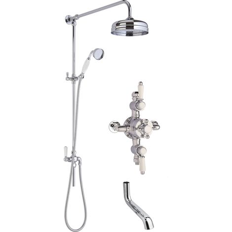 Traditional Shower Triple Exposed Valve with Rigid Riser Shower & Bath Spout Set - Chrome/White - Balterley