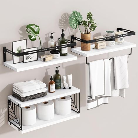 3-Pack Bathroom Wall Shelves – Floating Rustic Wood Shelves with Metal Frame and Towel Bar, for Toilet, Kitchen, Bedroom, and Living Room (1/5)