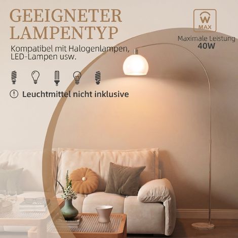 Lampadaire à tête courbée, interrupteur au pied, socle en marbre, abat-jour en plastique blanc, design moderne. (1/5)