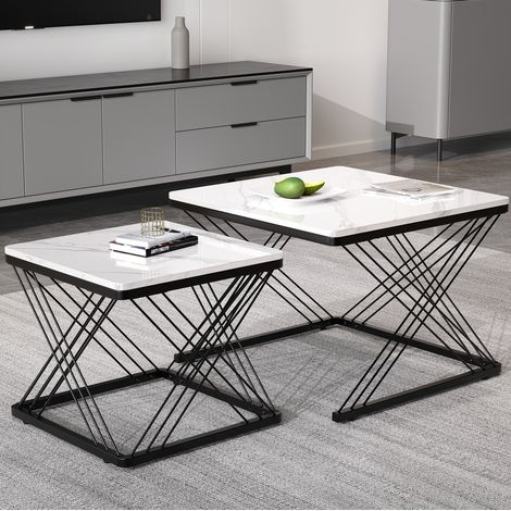 Mesas de centro set de 2 en MDF efecto mármol brillo blanco/negro, cuadradas, 60x60 y 45x45 cm (1/5)