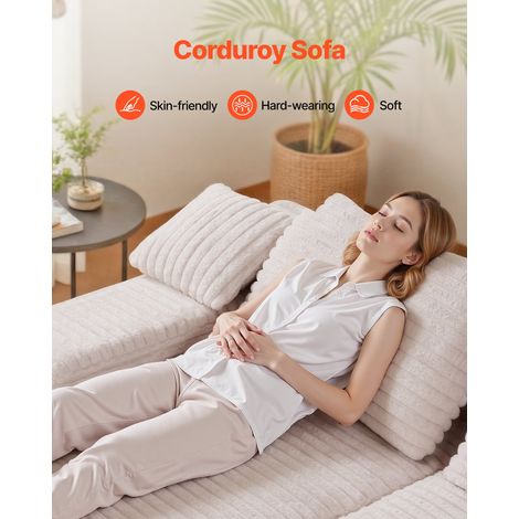 Chaise Longue de 210 cm, Canapé Modulable 2 Places, Sofa de Salon Confortable en Velours Côtelé, avec Coussins Moelleux et Coussins Décoratifs, pour Chambre à Coucher Appartement, Beige (1/5)