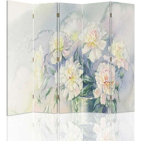 Paravent Décoratif à Fleurs Blanches, Élégance Intemporelle - 180 x 150 cm - 2 faces R° V° + rotation 360°