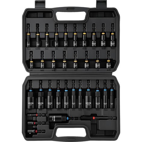 VEVOR Jeu de Douilles, 34 PCS, Tailles SAE et Metriques, Coffret de Douilles Magnetiques pour Visseuse, pour Auto Maison et Bricolage, avec Adaptateurs, Rallonge pour Embouts et Mallette de Transport (1/5)