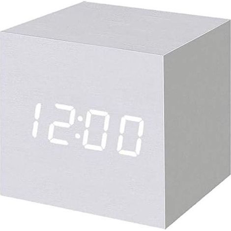 Réveil numérique à LED en Bois, Horloge Cubique Numérique avec Affichage Date et Température, Prise USB / Batterie (Blanc) (1/5)