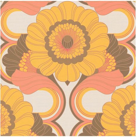 Retro Tapete Profhome 395304 heißgeprägte Vliestapete leicht strukturiert mit Blumen-Muster matt orange braun-rot honig-gelb creme-weiß 4,5 m2