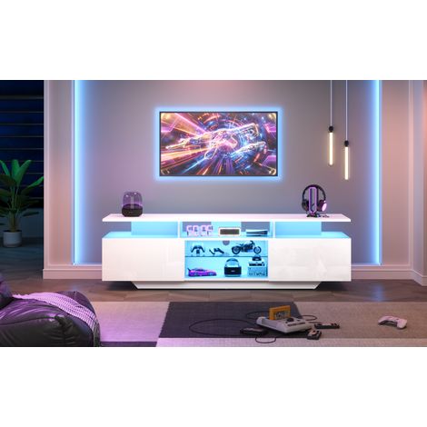 Meuble TV sur pied MDF blanc 160 x 40 x 45 cm, LED par application, 2 portes, 8 espaces de rangement, verre trempé (1/5)