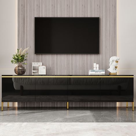 TV-Lowboard 170 x 38 x 50 cm, Schwarz, 4 Türen, Kabeldurchführung, teilglänzend HAVRYA (1/5)