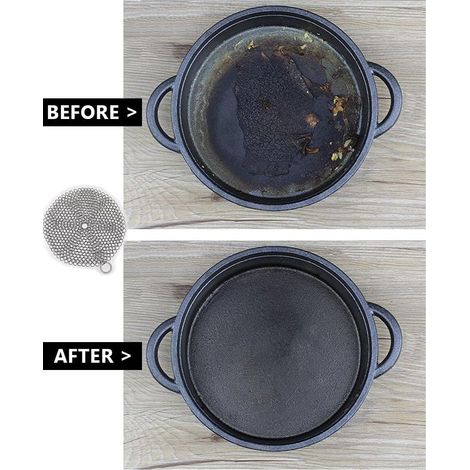 Lot de 2 grattoirs à poêles en fonte, en acier inoxydable 316, en forme de cotte de mailles, pour poêles en fonte, poêles culottées, grils, barbecues et autres ustensiles de cuisine - diamètre rond de (1/4)