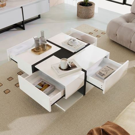 Table basse carrée blanche brillante, table de salon avec 4 tiroirs et espace de rangement en bas, 78x78x36 cm (1/5)