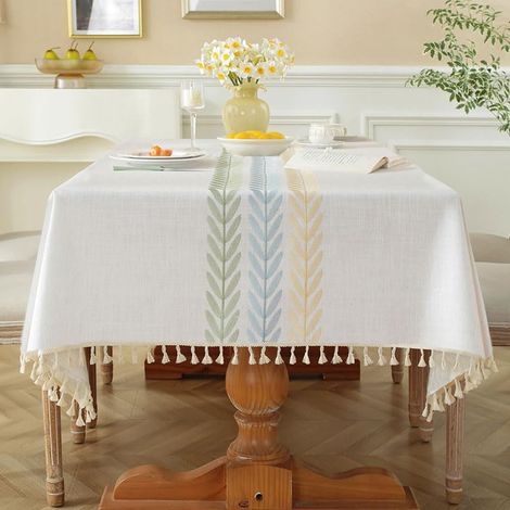Nappe rectangulaire anti-taches en coton et lin lavable, style franges, beige 140x220 cm. (1/5)