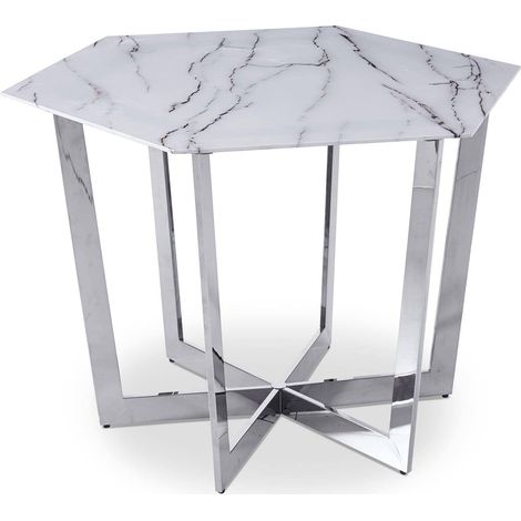 Table à Manger Hexagonale Verre Effet Marbre Blanc (1/5)