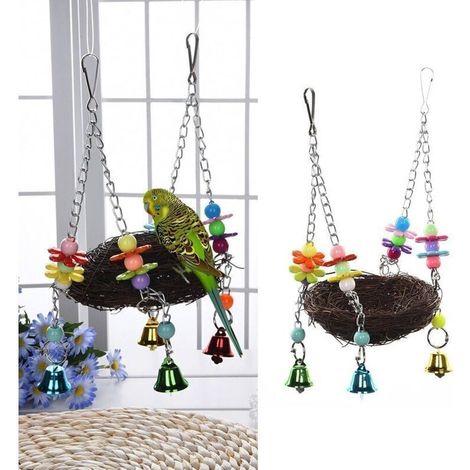 Balançoire pour Oiseaux en Rotin Naturel, avec Cloches et Perche, pour Perroquets et Perruches (12cm) (1/2)