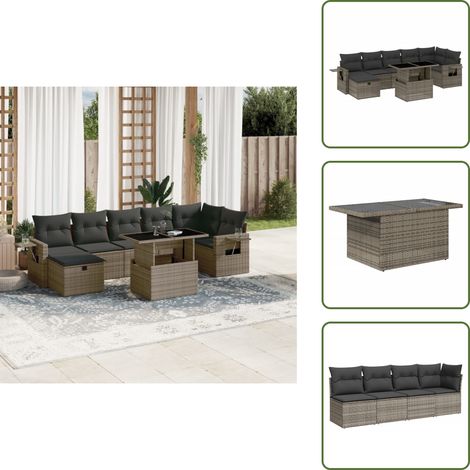 The Living Store Salon de jardin 8 pcs avec coussins gris résine tressée - Ensemble Salon De Jardin - Mobilier De Jardin - Table Extensible - Chaise Pliante - Fauteuil Lounge