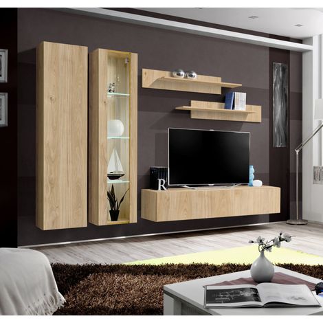 Ensemble meuble TV mural Fly A4 avec vitrine et éclairage LED - Bois MDF chêne Hickory Jackson - 240 x 170 x 40 cm - Livraison gratuite