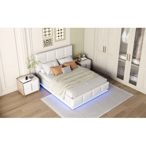 Lit coffre rembourré 140 x 200 cm en similicuir blanc avec LED 16 couleurs, rangement hydraulique et sommier à lattes, sans matelas (1/5)