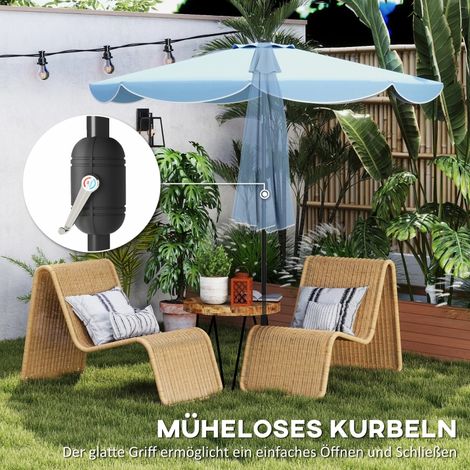 Parapluie rond terrasse parasol de plage inclinable 3 positions, manivelle, 8 baleines, Ø265 x 235H cm, bleu ciel (1/5)