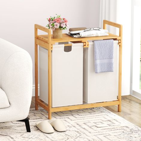 Panier à Linge sur Pied en Bambou 64 x 33 x 73 CM avec 2 Sacs à Linge Sale Poignées et Étagère Supérieure Blanc (1/3)