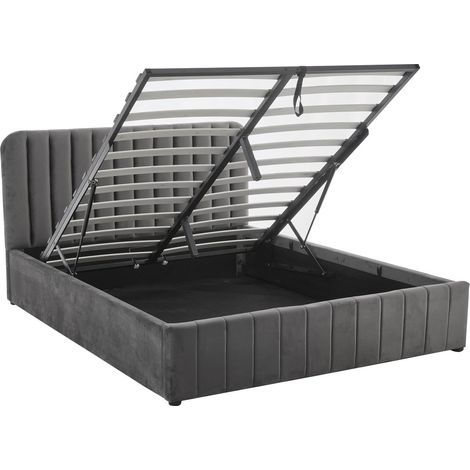 Lit coffre adulte 140x190 cm avec tête de lit capitonnée en velours gris - Ava (1/5)