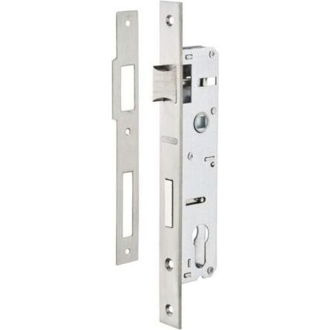 Boitier de serrure encastrable à cylindre pour menuiserie métallique, axe 25mm, bouts carrés, zingué-