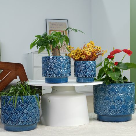 Lot de 4 pots pour plantes en céramique bleu brillant Ø 38/31,5/24/19 cm OKWISH (1/5)