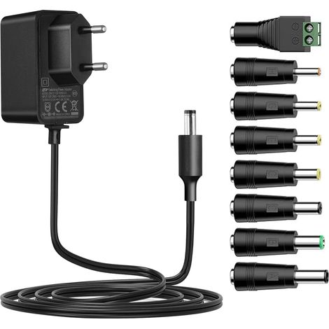 12V 1A Alimentation, 3M Universal AC DC Power Adapter avec 8 Prises DC pour 12V 0.3A 0.5A 0.8A 1A électronique comme LED Bande lumière CCTV caméra etc. 1000mA Max (Longueur du câble 3Meter) (1/5)