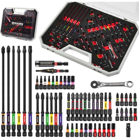 Lot 58 Pièces Embouts Tournevis Anti-Choc S2 (PH/PZ/TORX/HEX), Mini Cliquet, Perceuse Étages, Adaptateur Douille, Porte-Embouts Magnétique, Boîte Grise (1/5)