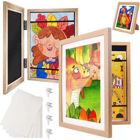 Lot de 2 cadres en bois A4 pour dessins d’enfant, cadres à ouverture facile avec capacité jusqu’à 100 œuvres, affichage de créations et photos (1/5)