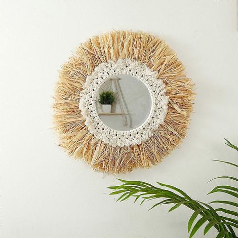 Miroir mural en corde de coton tressée, style bohème, en raphia, pour maquillage, coiffeuse, décoration de salon, chambre ou salle de bain (1/4)