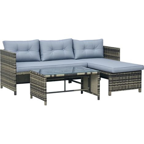 Salon jardin canapé 2 places chaise longue table basse rotin verre coussins confort, gris