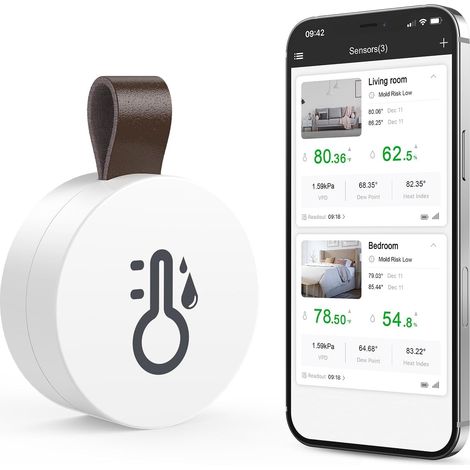 Termómetro higrómetro Bluetooth, sensor de temperatura y humedad con función de exportación de datos, mini termómetro para interiores compatible con iOS y Android para vino, sala de estar, hogar. (1/5)