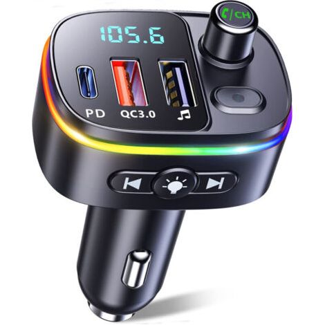 Bluetooth Voiture, QC3.0 & PD18W USB C Transmetteur FM Bluetooth 5.3 avec Appels Mains Libres, Adaptateur Bluetooth Voiture Autoradio Support Assistant Siri Google, Clé USB, 9 Rétroéclairés RV (1/4)